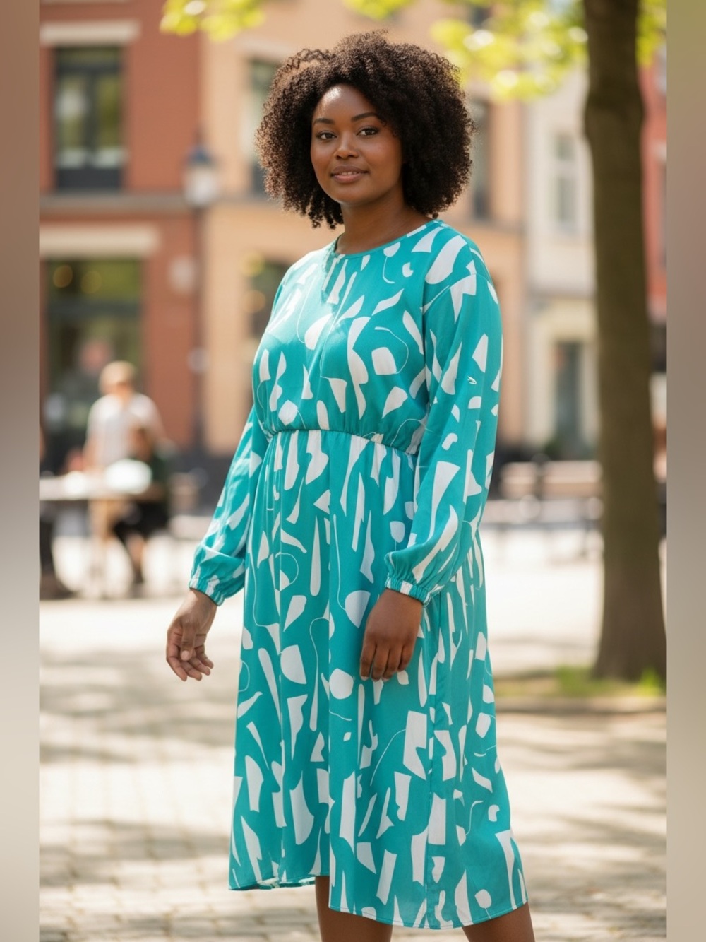 Boohoo Teal & White Abstract Long Sleeve Midi Dress